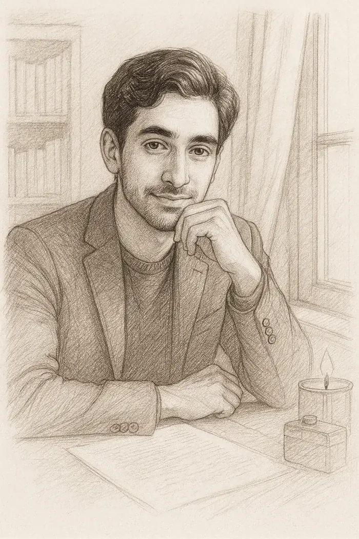 Pencil portrait of Animesh Mishra at his writing desk, beside a letter, ink bottle, candle and window.